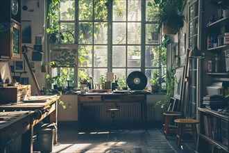 Bohemian creative space with vintage vibes, sunlight filtering through plants and a vinyl record
