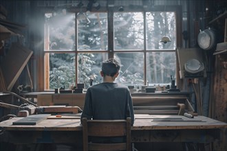 View of a person from behind, working in a tranquil, sunlit woodworking shop with a view of nature,