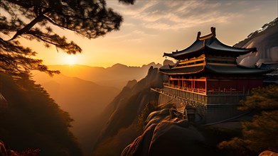 Shaolin temple embraced by the warm glow of sunset, AI generated