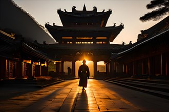 Shaolin temple silhouetted against a radiant sunset, AI generated