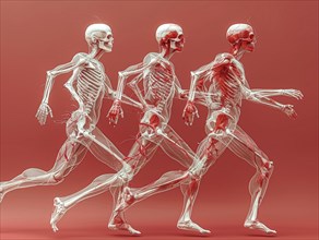 Skeletons in a walking sequence illuminated with red light that emphasises their structure, AI