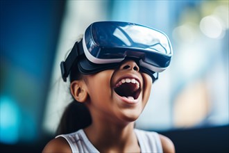 Young happy black girl child with virtual technology VR goggles. KI generiert, generiert AI