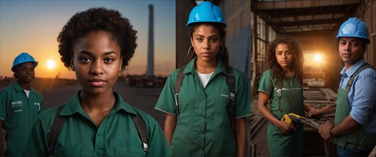 Black Mixed-race Industrial workers with hard hats at twilight with a sense of determination, women