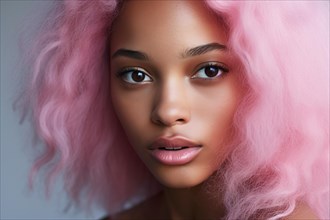 Face of beautiful young black african american woman with unusual light pink dyed hair. KI