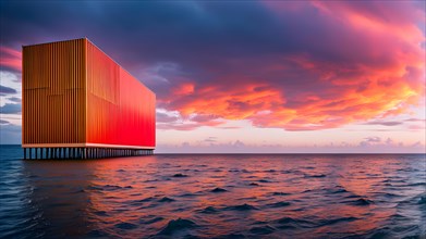 Architectural minimalism capturing intersecting yellow and red walls offshore on the sea, AI