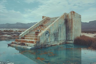 Abandoned concrete staircase with its reflection in greenish water under an overcast sky, AI