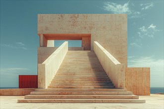 Minimalist architectural staircase under an open sky with geometric patterns and a red accent, AI