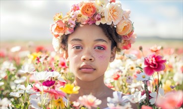 Young girl with a floral crown sitting in a vibrant flower field on a bright day AI generated