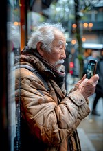 An elderly Japanese man with grey hair and a thick winter coat looks at the screen of his