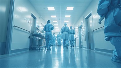 Medical staff in scrubs walking down a sterile hospital corridor, AI Generated, AI generated