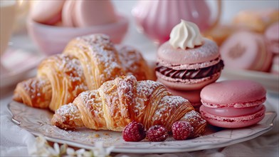 Delicious array of macarons, sugary croissants, raspberries, and a meringue on a plate, ai
