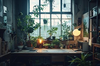 A cozy home office setup with a desk surrounded by lush indoor plants, AI generated