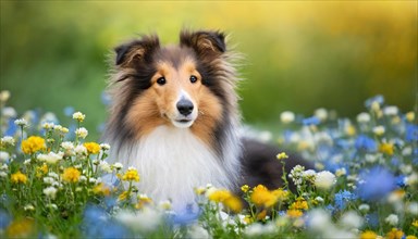 AI generated, A long-haired collie lies in a colourful meadow of flowers