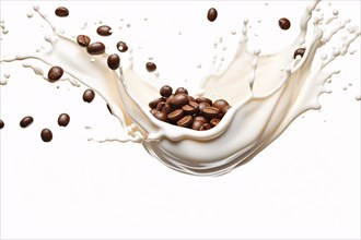 Milk or yogurt splash with raw coffee beans on white background. KI generiert, generiert AI