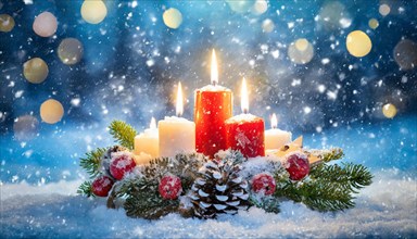 Ai generated, Advent wreath with burning candles, Christmas season, Christmas decoration, 4th
