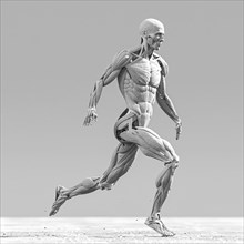 Black and white image of an anatomical model showing muscular structures in a running pose, AI