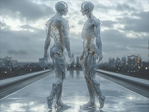 Two skeletons face each other, reflected on a wet surface against an urban backdrop, AI generated,