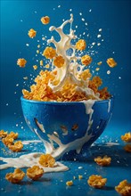 Milk splashing out of a blue bowl filled with cereal against a blue background, AI generated