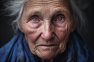 Face of very old and very wrinkled face of woman with sad eyes. KI generiert, generiert AI