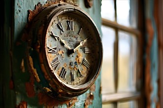 Old pendulum wall clock peeling paint rust textures showcasing historical character, AI generated
