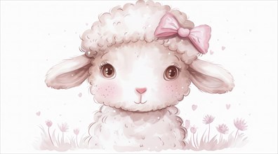 A fluffy cartoon lamb sticker with a pink bow and endearing eyes, ai generated, AI generated