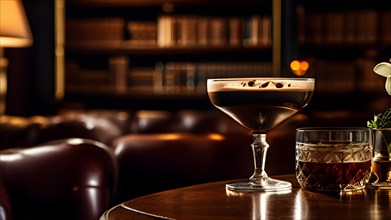 Rich espresso martini poised on a polished wooden cafe bar, AI generated