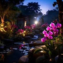 Tranquil orchid garden bathed in the soft glow of twilight capturing a serene aura of peace, AI