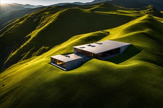 House nestled within a hillside grass blanketed roof harmonizing with the landscape, AI generated,