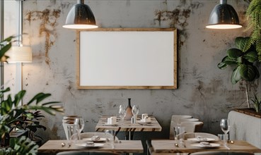 Rustically styled restaurant with an inviting dining table set and an empty frame under pendant