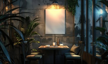 Cozy restaurant corner at night with a tropical vibe and a blank canvas on a concrete wall AI