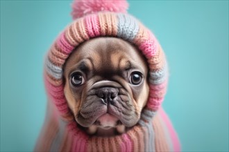 Cute French Bulldog dog with knitted colorful winter hat on pastel blue background. KI generiert,