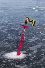 Winter riverscape, ice drill, detail, Saint Lawrence River, Province of Quebec, Canada, North