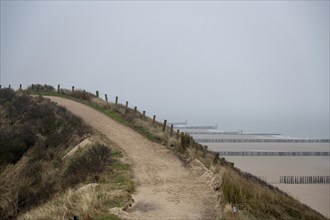 A sandy path through the dunes with a view of the cloudy beach