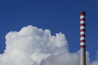 Chimney of a power plant in Sines, red, white, blue sky, power plant, energy, environment, climate,