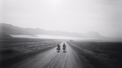 Two motorcyclists ride down a misty dirt road with mountain silhouettes in the distance, AI
