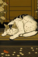 A fat cat sleeps on a tatami floor in a traditional Japanese ukiyo-e style artwork, vertical