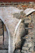 Brick-filled blind arcade wall with remains of painting, 15th century, Kempten, Allgaeu, Bavaria,