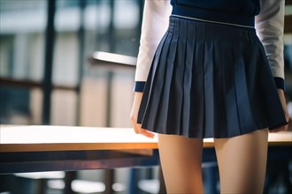 Close up of young woman or teenage girl'sblue pleated school uniform skirt. KI generiert, generiert
