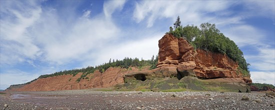 Panorama, wooded cliffs, red sandstone, Five Islands Provincial Park, Fundy Bay, Nova Scotia,