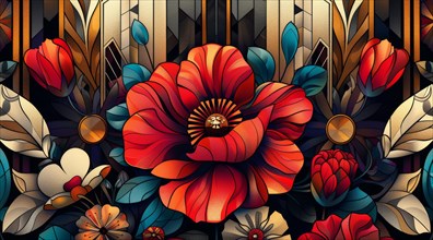 Digital drawing resembling stained glass with a red poppy and richly decorative floral art, ai