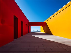 Architectural minimalism capturing intersecting yellow and red walls, AI generated