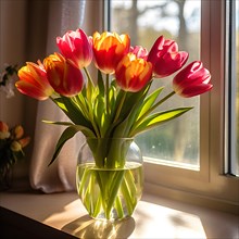 Bouquet of vibrant tulips nestled in a transparent glass vase, AI generated