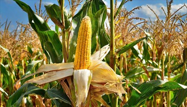 KII generated, A corn field in bloom with fresh ripe corn cobs, (Zea mays)