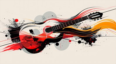Colorful abstract rendering of a guitar with red and yellow elements and dynamic splatters, ai