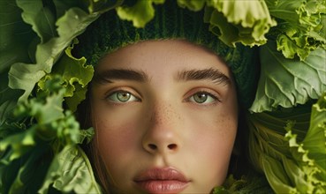 Portrait of a girl surrounded by lush green leaves AI generated