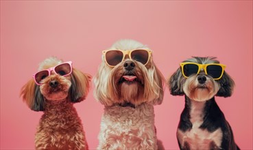 Three cute dogs wearing colorful sunglasses against a pink background AI generated