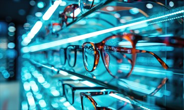 Modern eyewear display with illuminated shelves in an optical shop AI generated