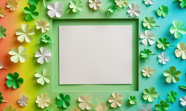 A green frame surrounded by shamrocks with a vibrant rainbow gradient background AI generated
