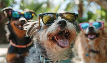 Three happy dogs wear sunglasses, displaying a playful and vibrant energy AI generated