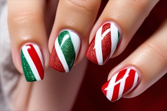 Close up of woman's fingernails with red, white and green striped Christmas nail art design. KI